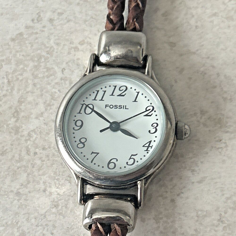 Vintage Fossil EC8911 Women's Watch Brown Braided Leather Bracelet New Battery
